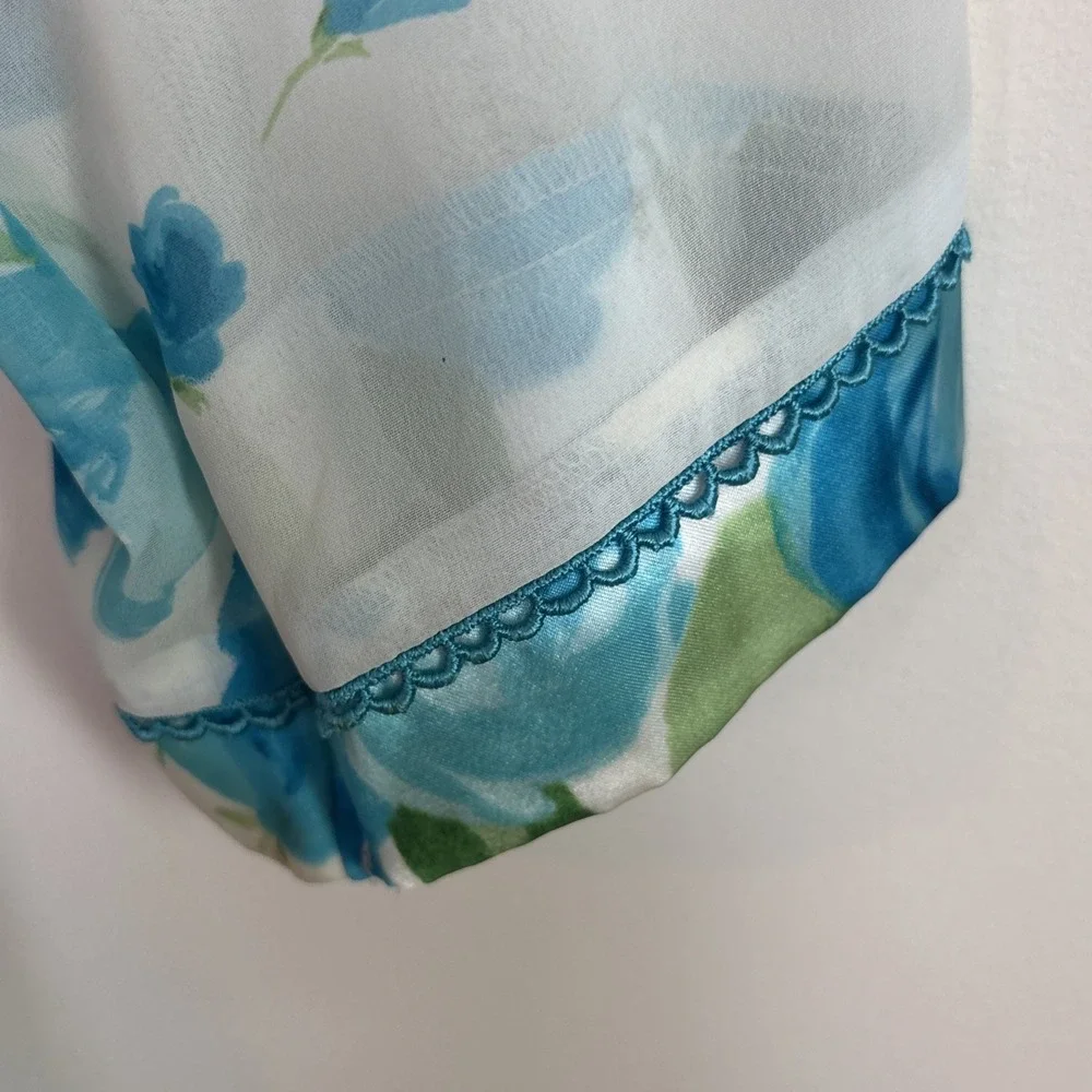 Vtg California‎ Dynasty Womens Robe Sz L Satin Floral Long White Blue Tie